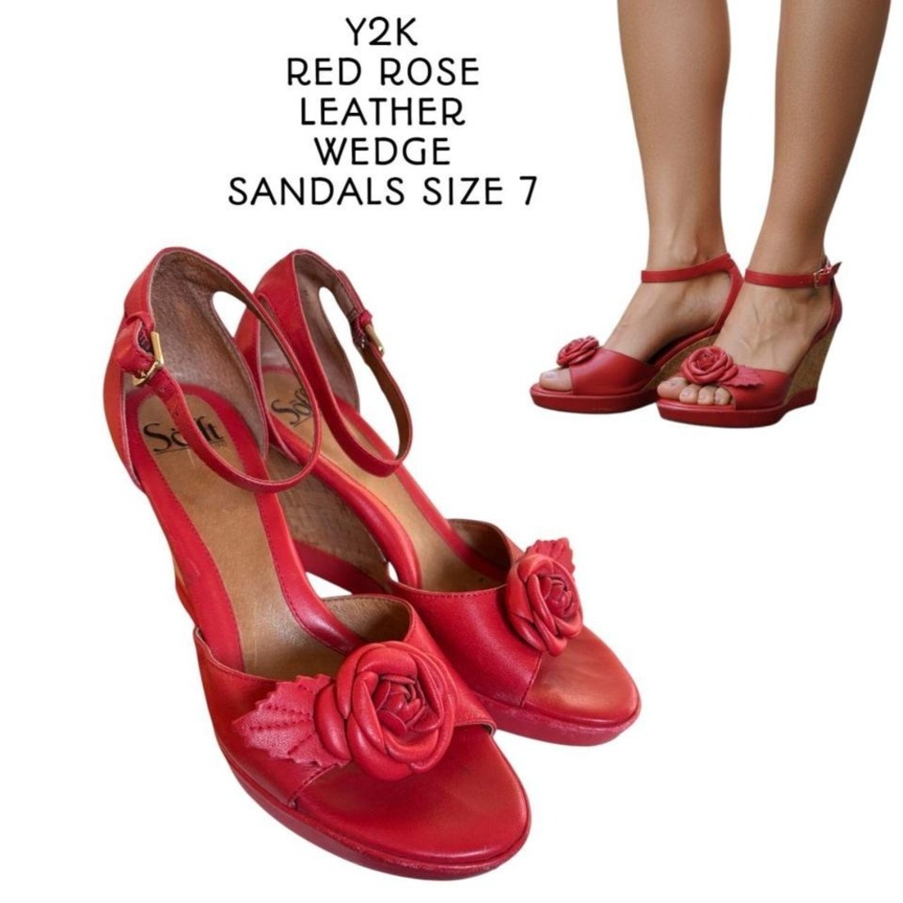 Y2K RED ROSES FLOWER LEATHER‎ ANKLE STRAP WEDGE SANDALS SIZE 7 BY SOFT.